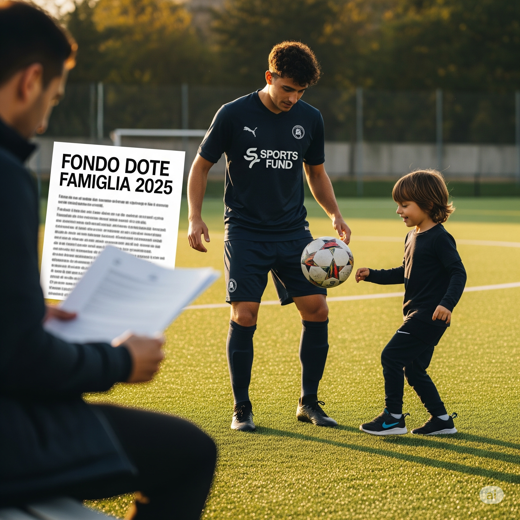 Bando Fondo Dote Famiglia 2025: un professionista del calcio gioca con un bambino, mentre un genitore esamina i documenti di richiesta per il contributo